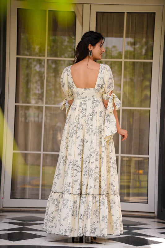 Cream Printed Poly Rayon Flared Gown Dress