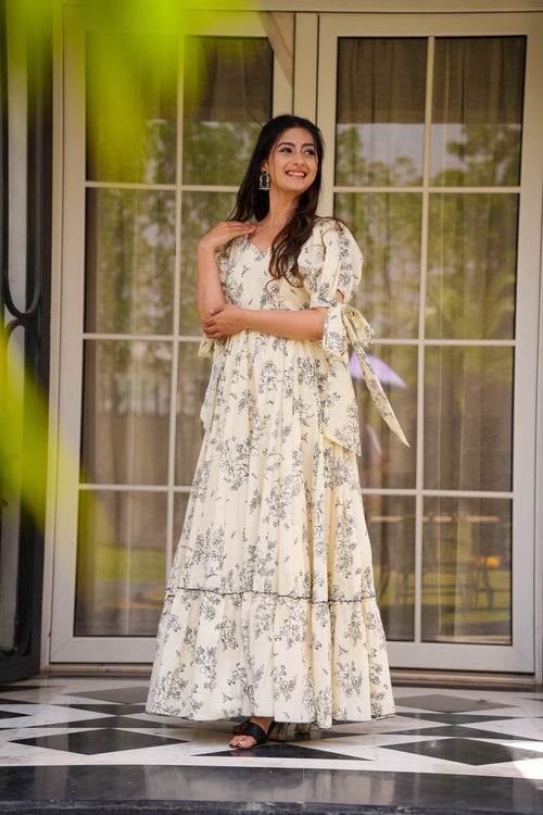 Cream Printed Poly Rayon Flared Gown Dress