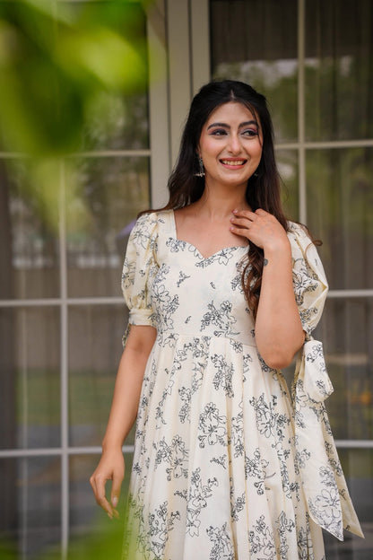Cream Printed Poly Rayon Flared Gown Dress