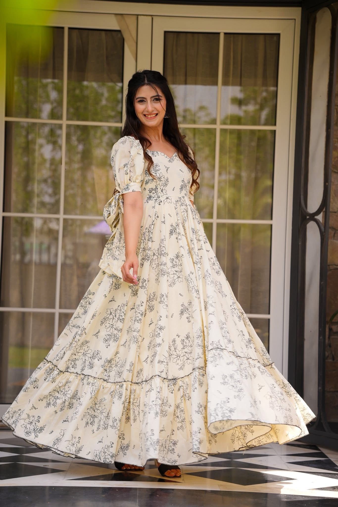 Cream Printed Poly Rayon Flared Gown Dress