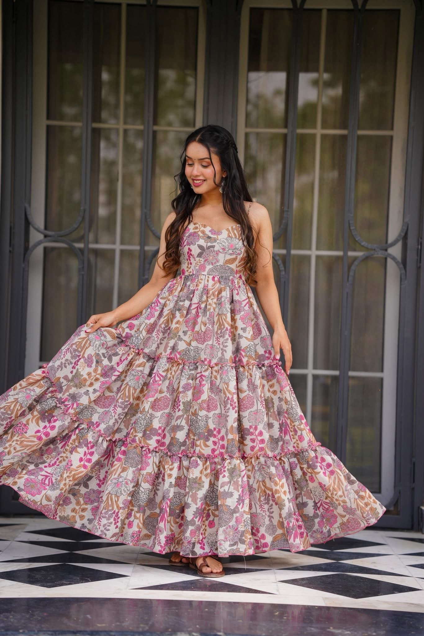 Pink Printed Poly Rayon Flared Gown Dress