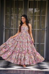 Pink Printed Poly Rayon Flared Gown Dress