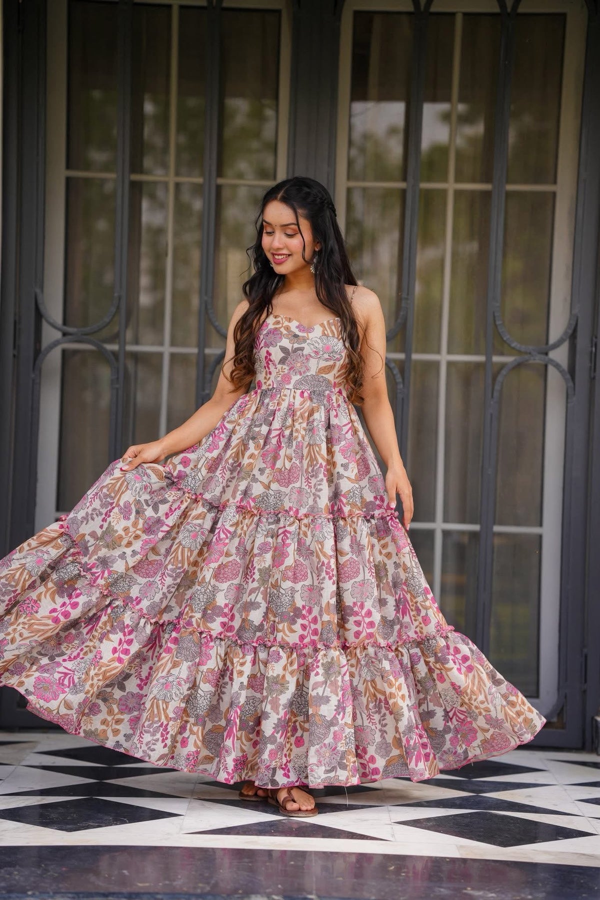 Pink Printed Poly Rayon Flared Gown Dress