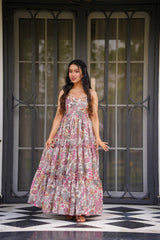 Pink Printed Poly Rayon Flared Gown Dress