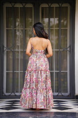 Pink Printed Poly Rayon Flared Gown Dress
