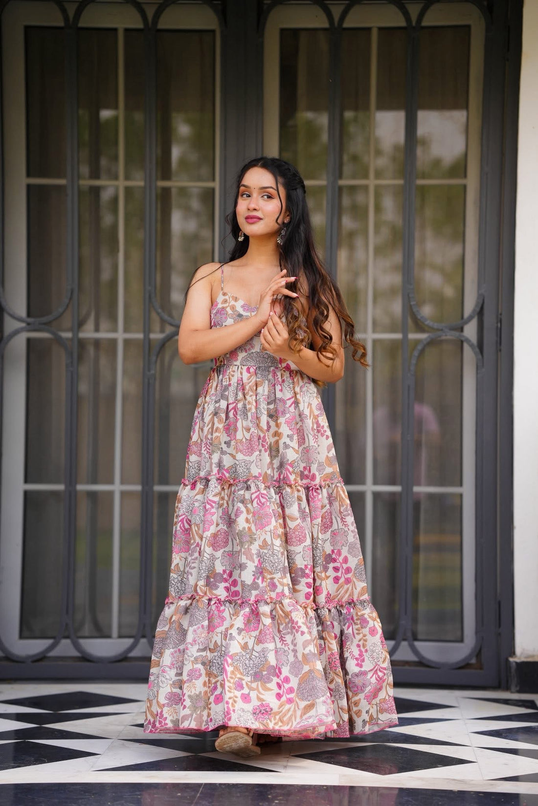Pink Printed Poly Rayon Flared Gown Dress
