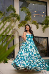 Eastern Blue Printed Poly Rayon Gown