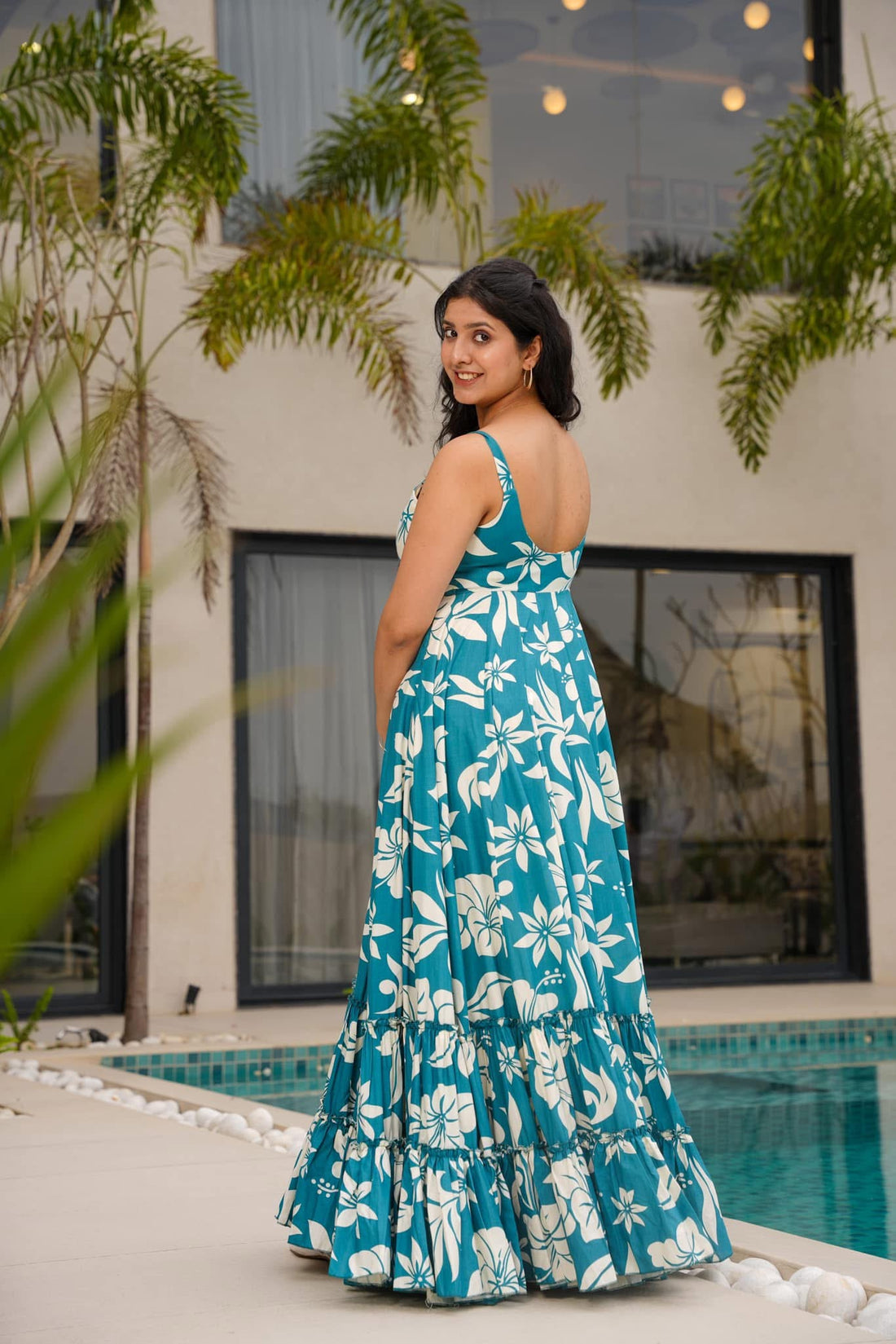 Eastern Blue Printed Poly Rayon Gown
