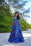 Blue Printed Poly Rayon Flared Gown