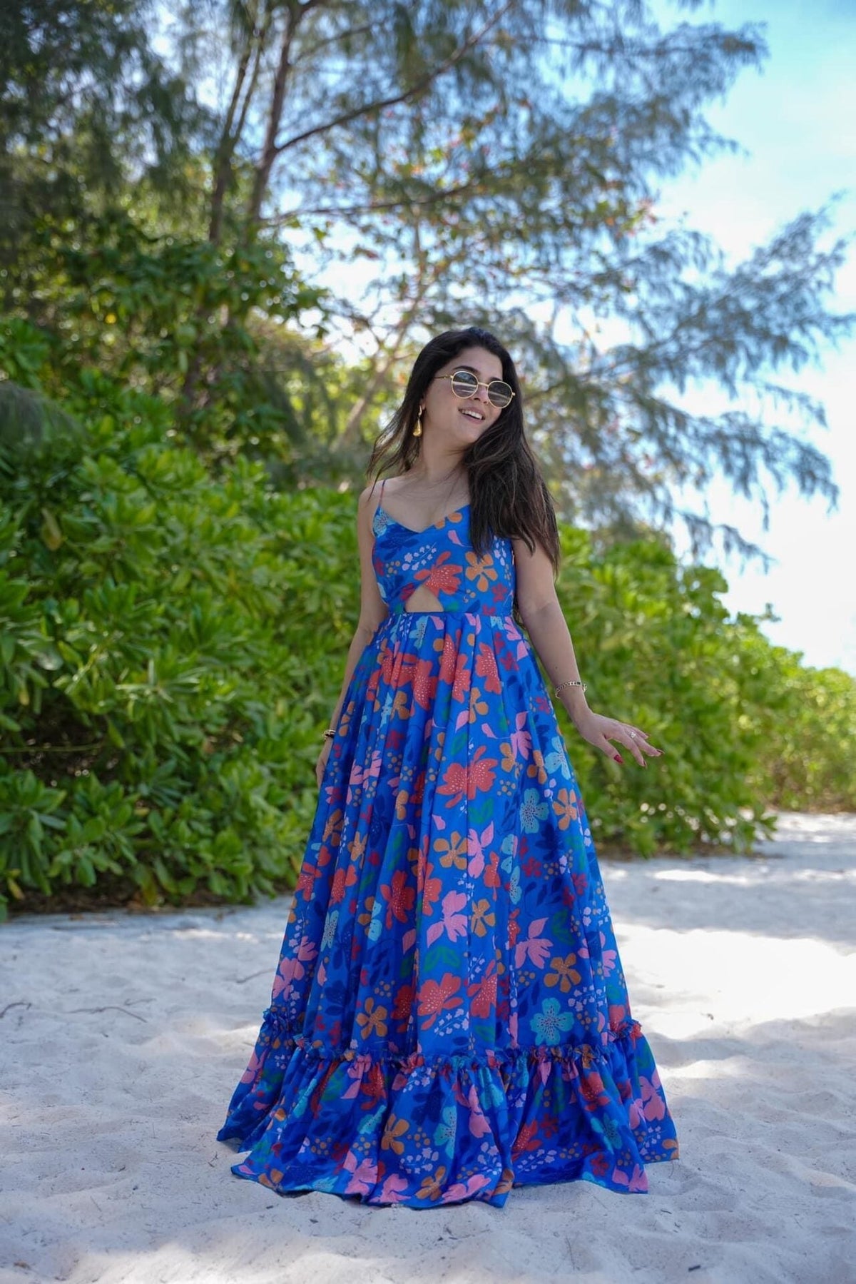 Blue Printed Poly Rayon Flared Gown