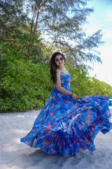 Blue Printed Poly Rayon Flared Gown