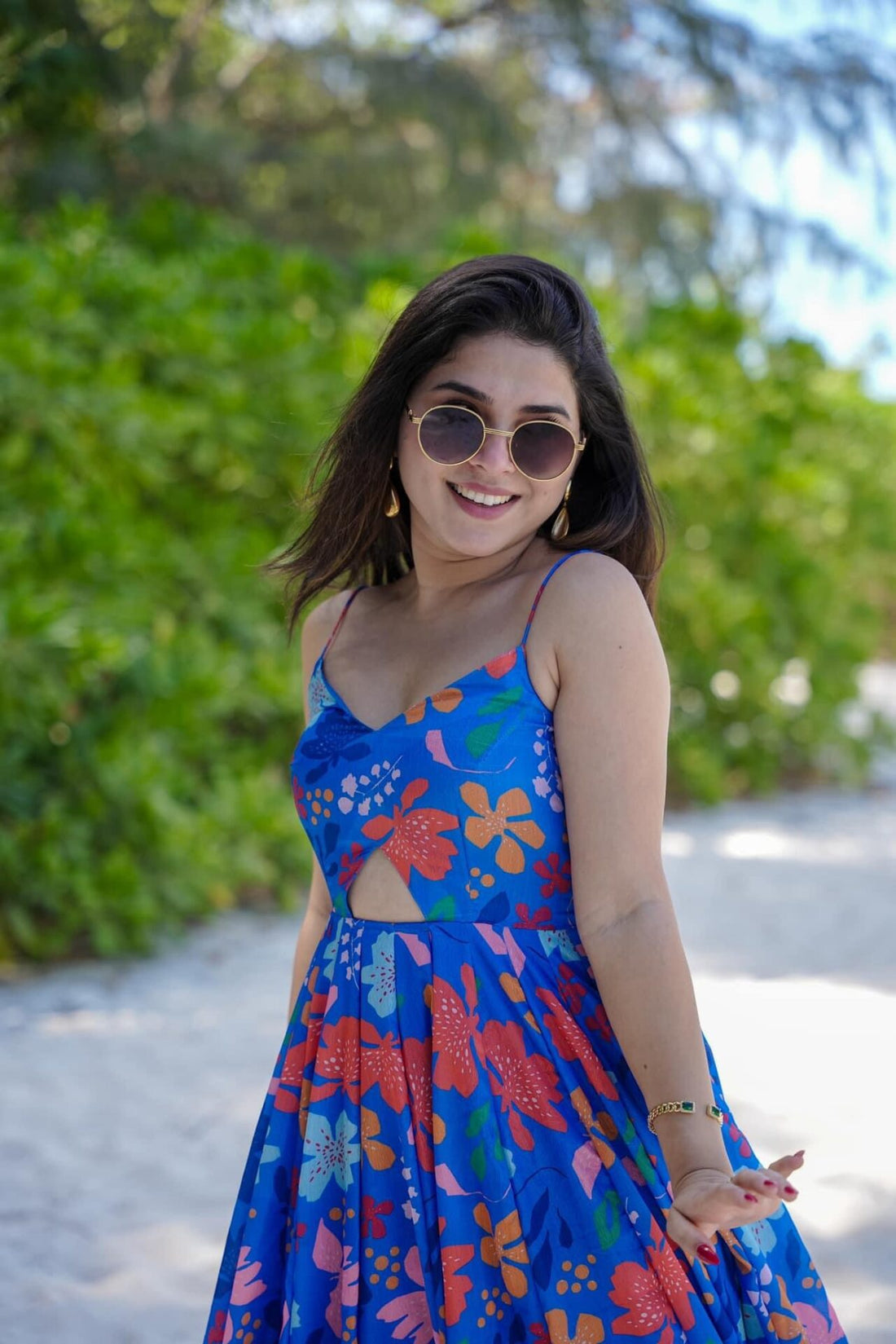 Blue Printed Poly Rayon Flared Gown