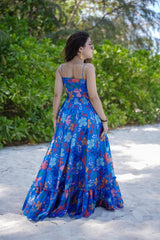Blue Printed Poly Rayon Flared Gown