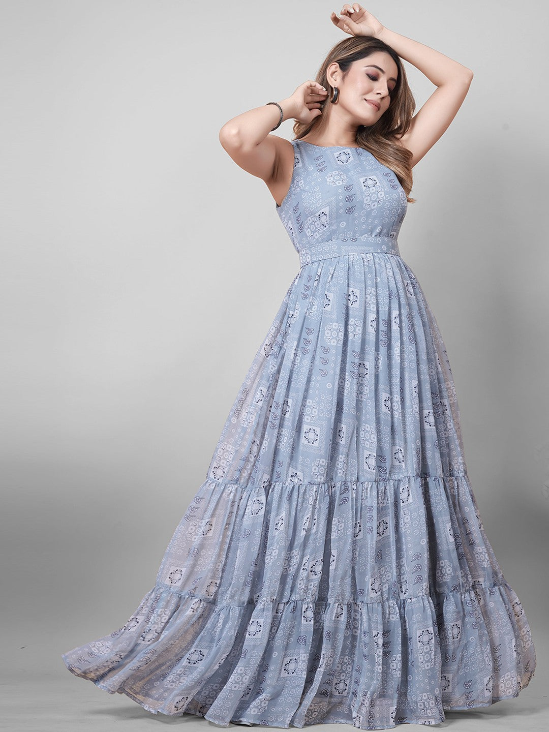 Grey Printed Faux Georgette Gown