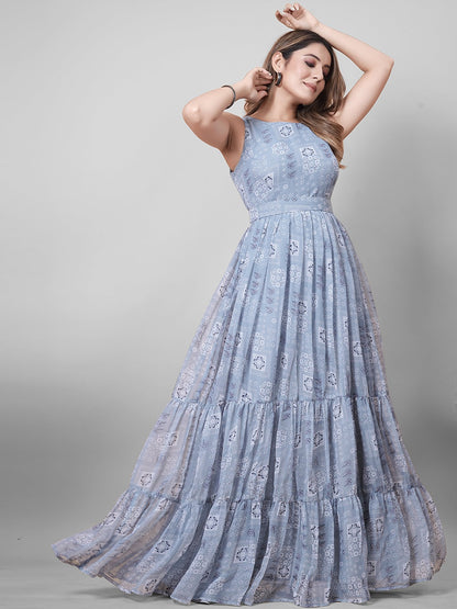 Grey Printed Faux Georgette Gown