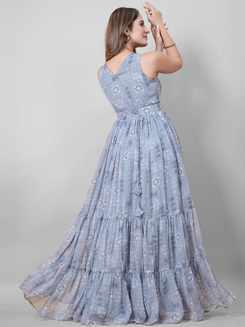 Grey Printed Faux Georgette Gown