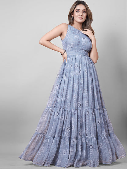 Grey Printed Faux Georgette Gown