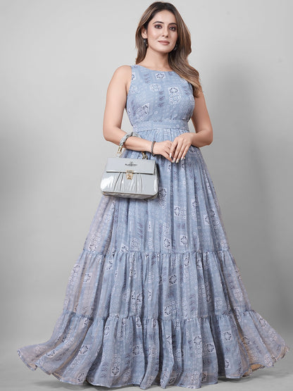 Grey Printed Faux Georgette Gown
