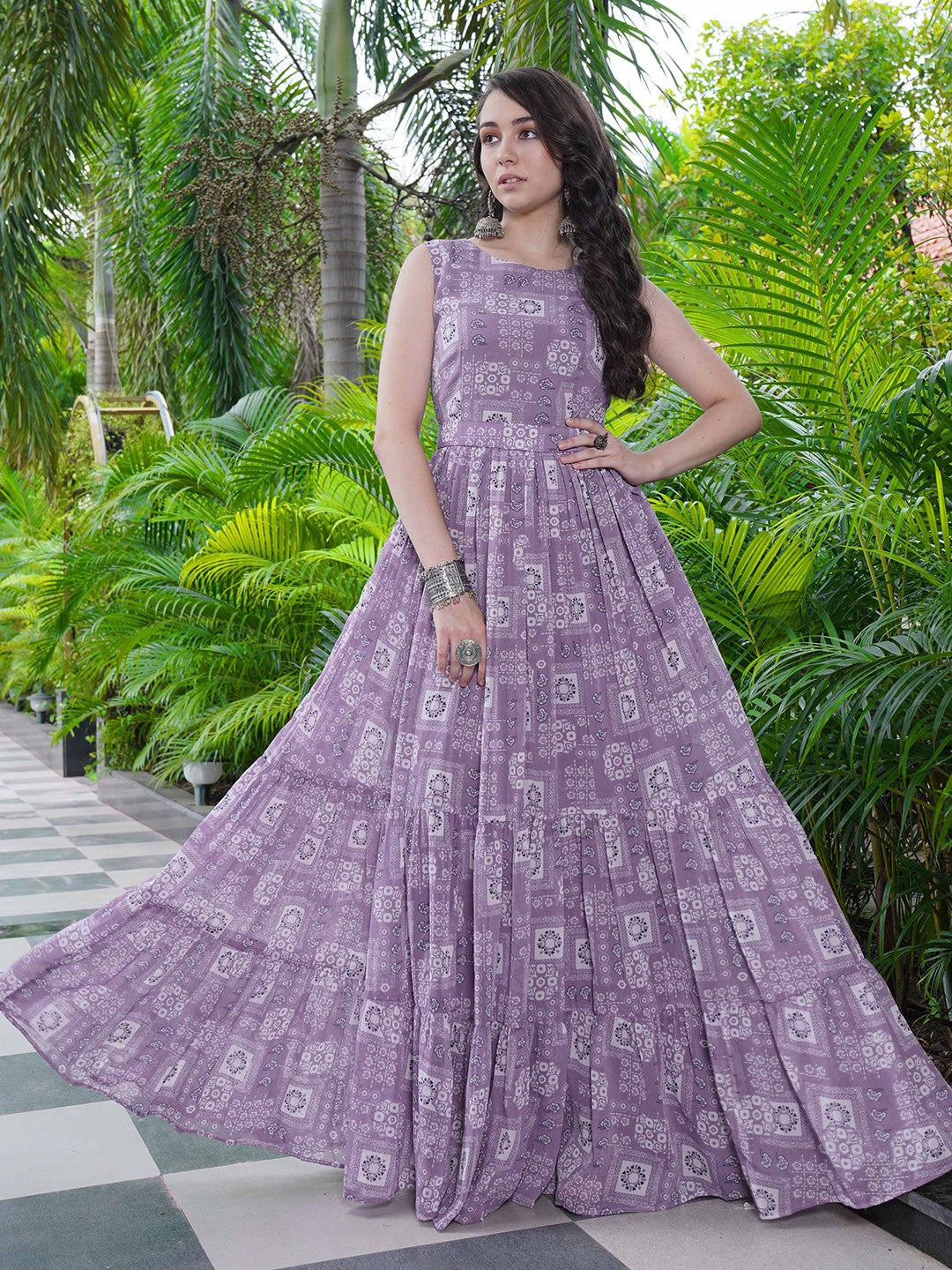 Purple Printed Faux Georgette Gown