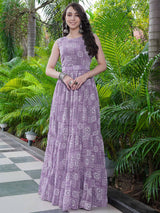 Purple Printed Faux Georgette Gown