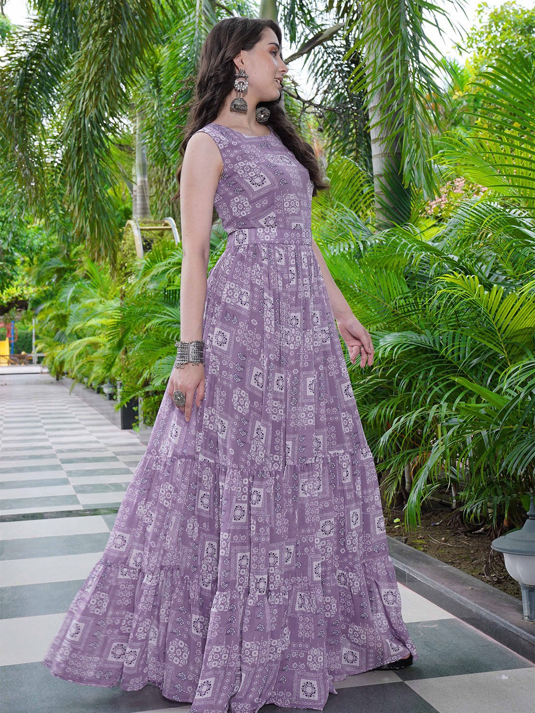 Purple Printed Faux Georgette Gown