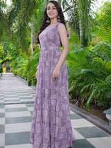 Purple Printed Faux Georgette Gown