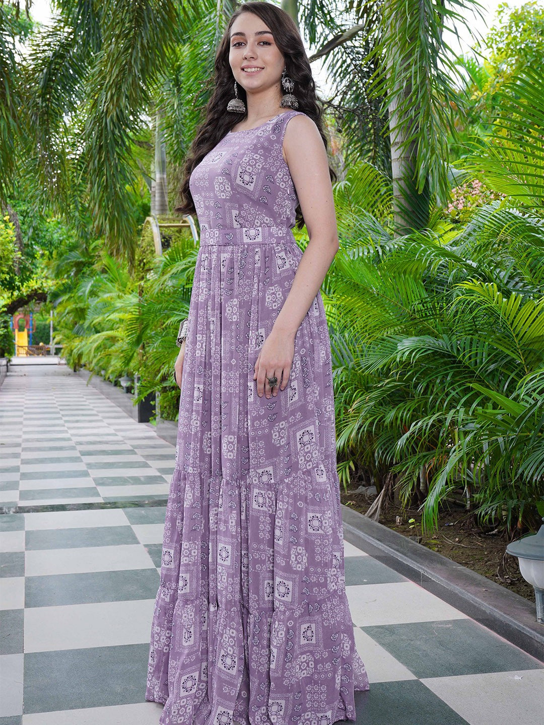 Purple Printed Faux Georgette Gown