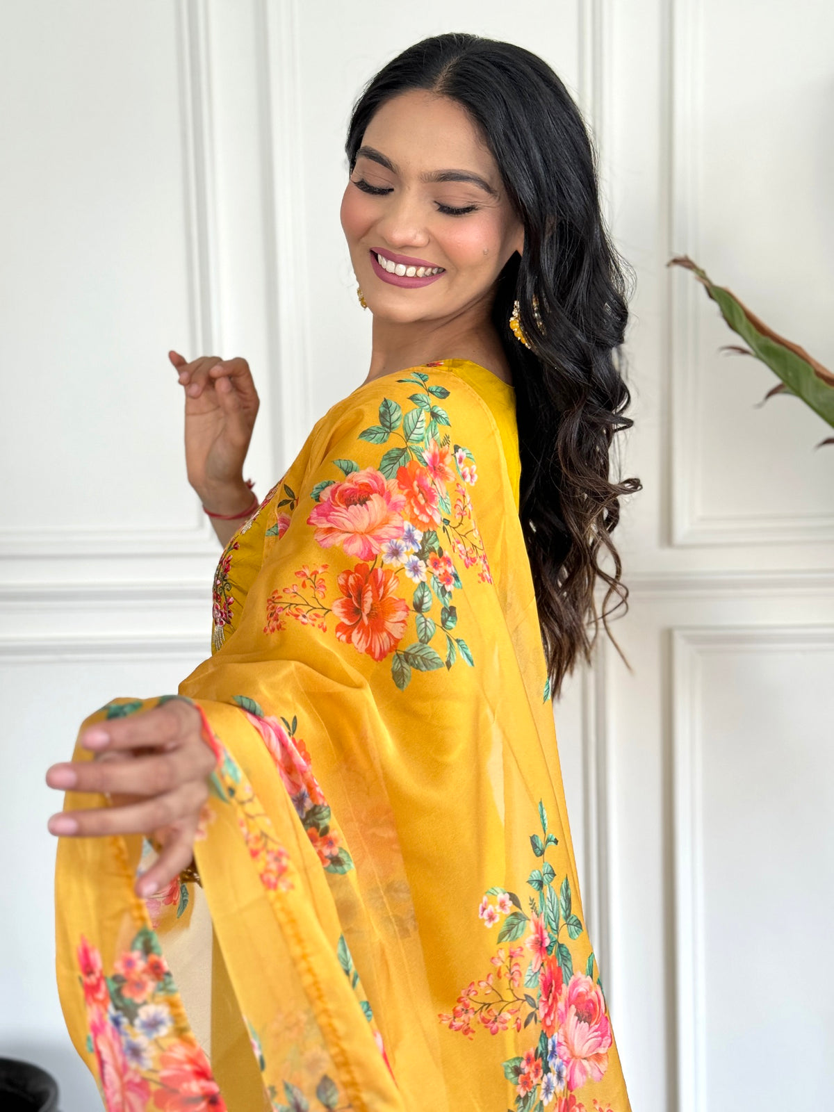 Yellow Embroidered Chinon Suit Set
