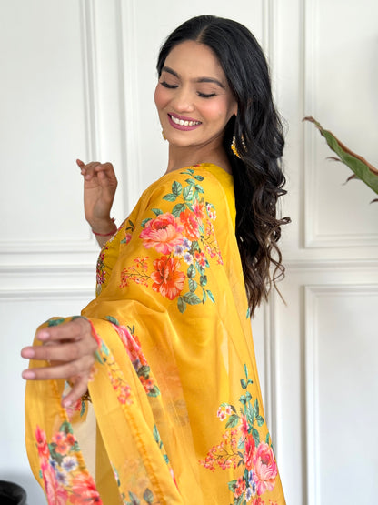 Yellow Embroidered Chinon Suit Set