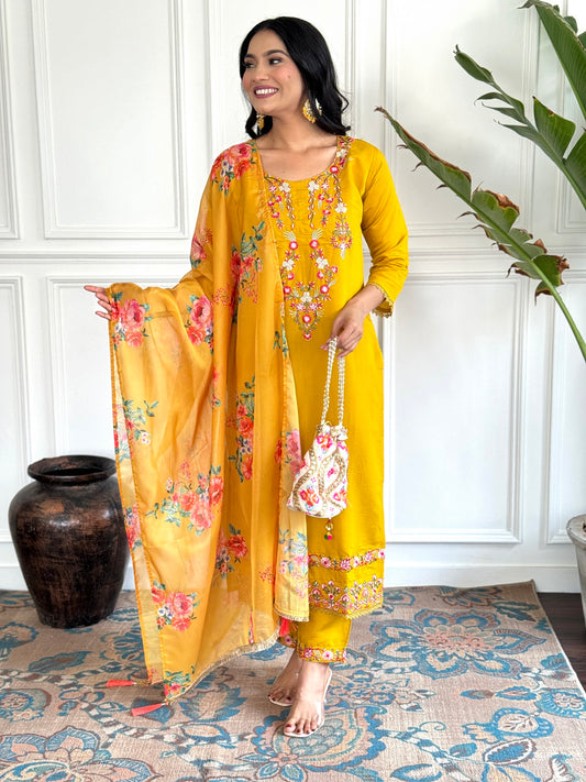 Yellow Embroidered Chinon Suit Set