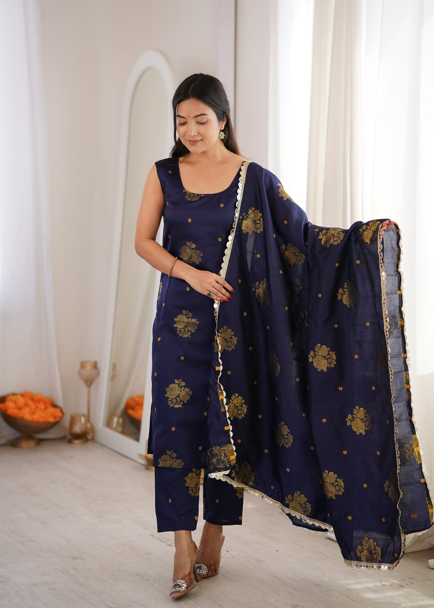 Navy Aura Chanderi Jacquard Suit Set