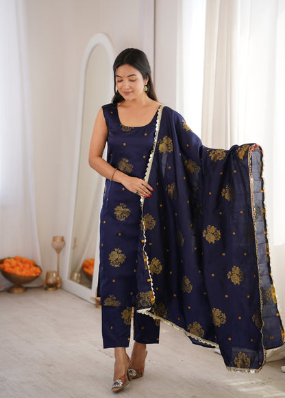 Navy Aura Chanderi Jacquard Suit Set