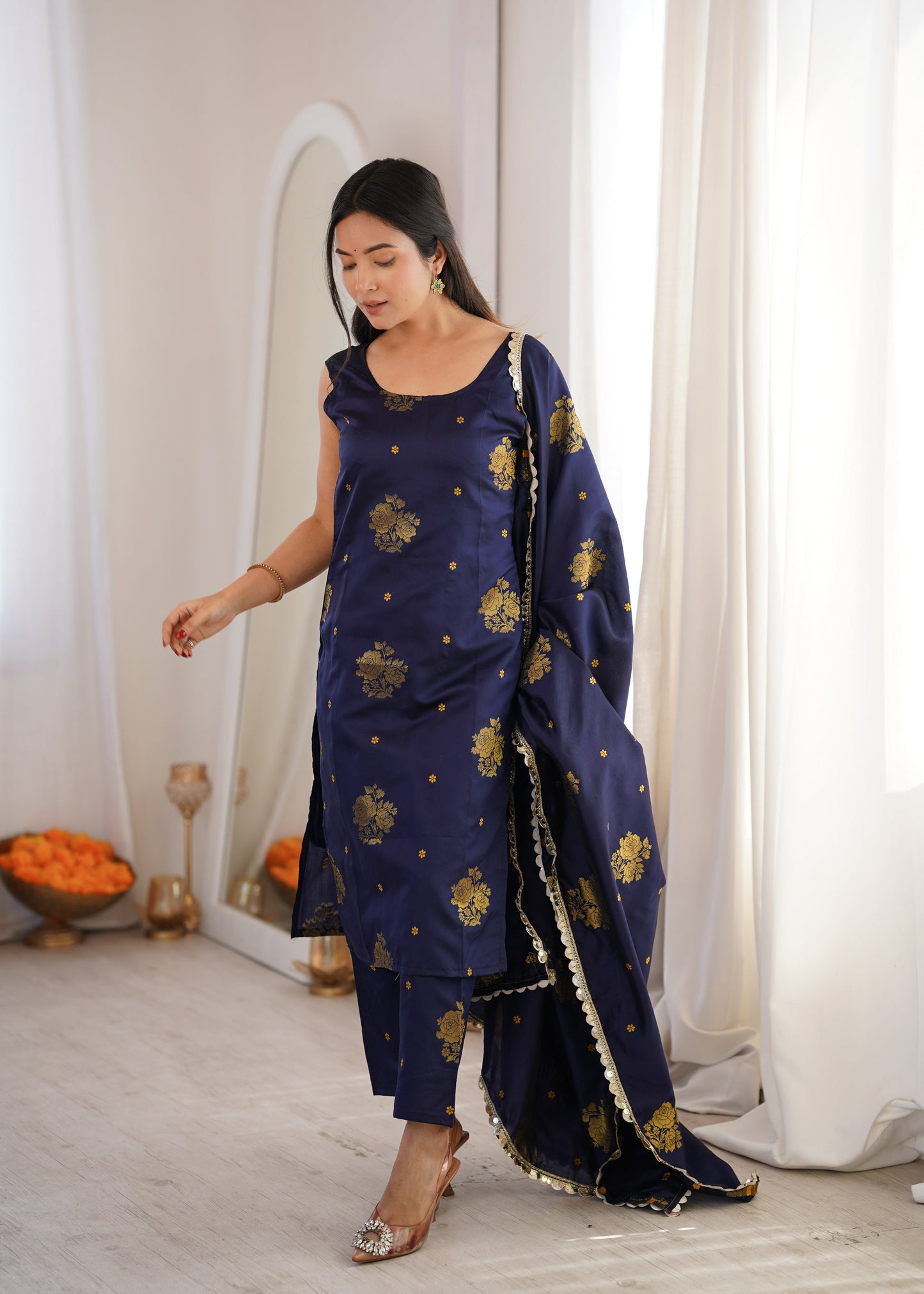 Navy Aura Chanderi Jacquard Suit Set