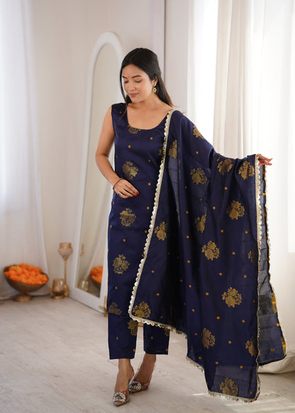 Navy Aura Chanderi Jacquard Suit Set