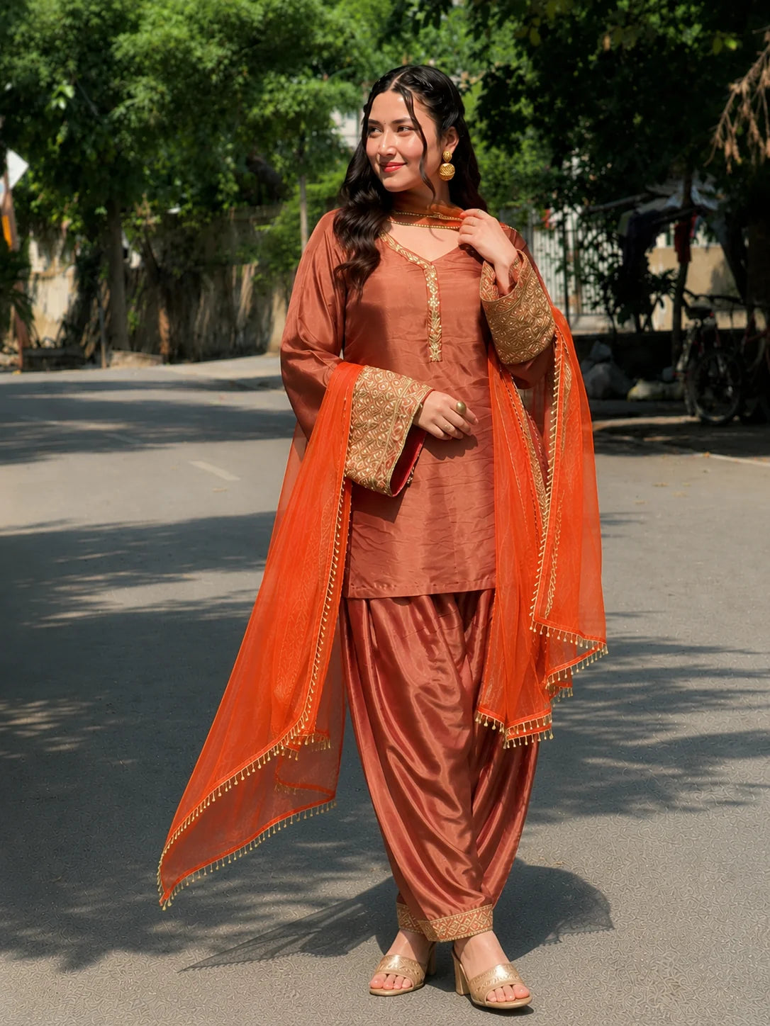Copper Brown Festive Embroidered Kurta Set