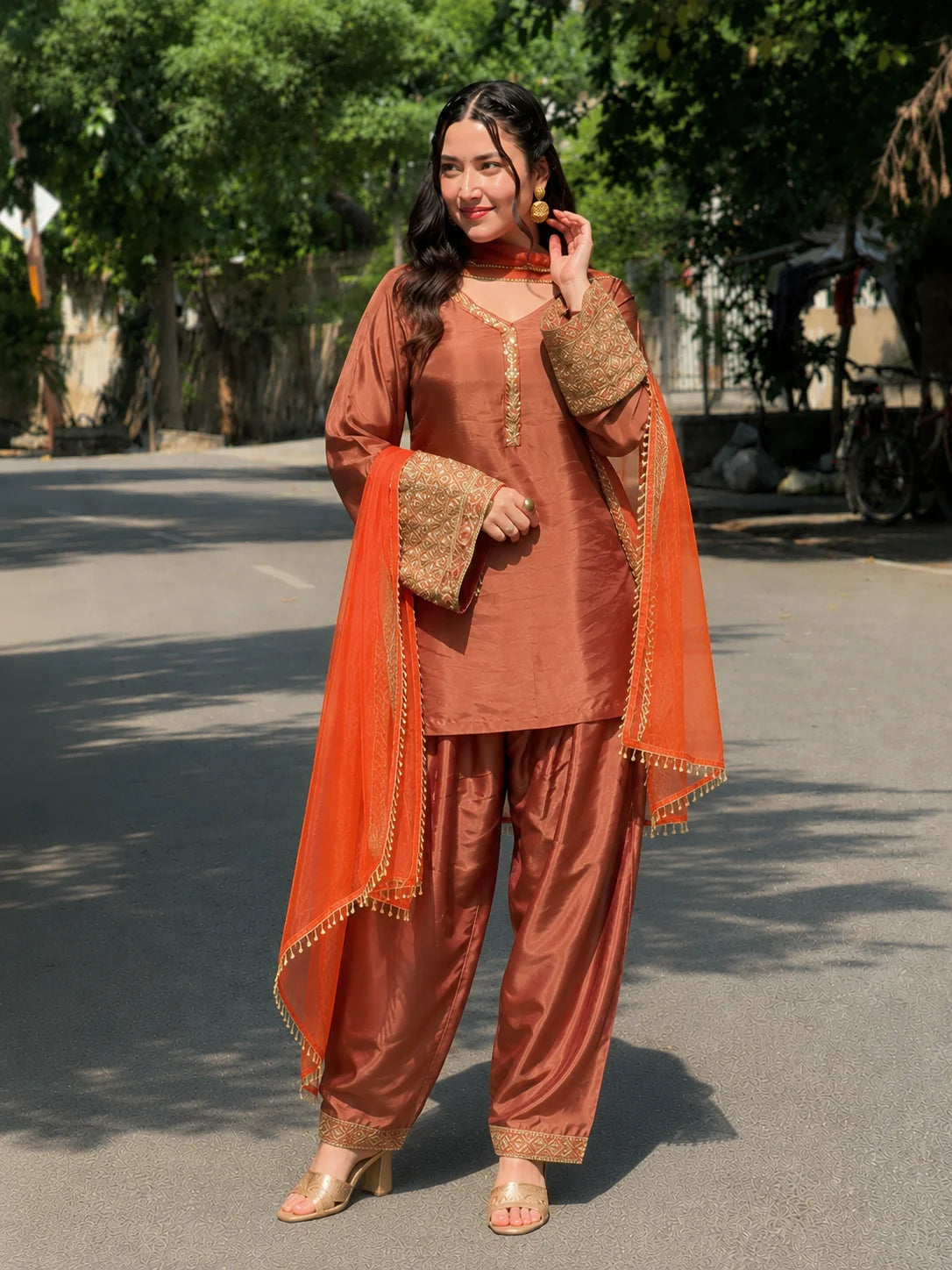 Copper Brown Festive Embroidered Kurta Set