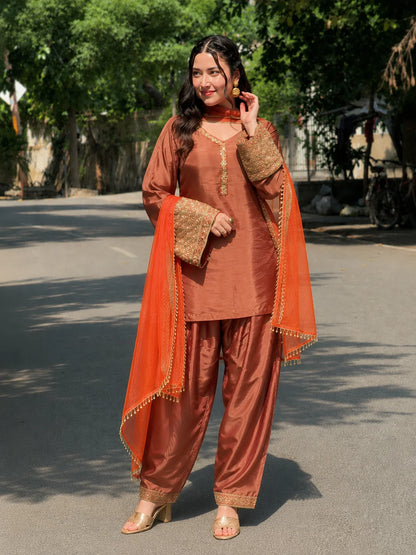 Copper Brown Festive Embroidered Kurta Set