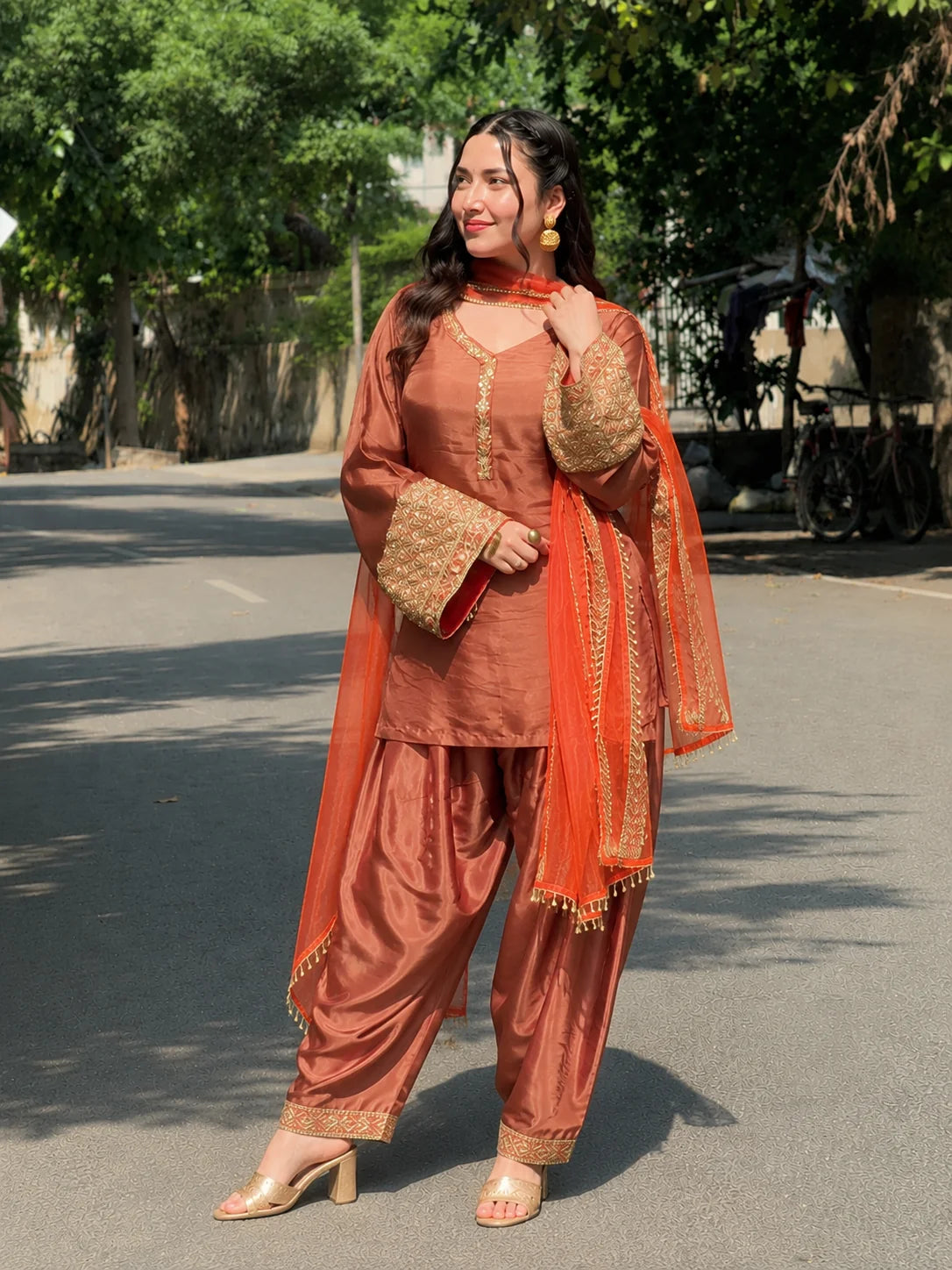 Copper Brown Festive Embroidered Kurta Set