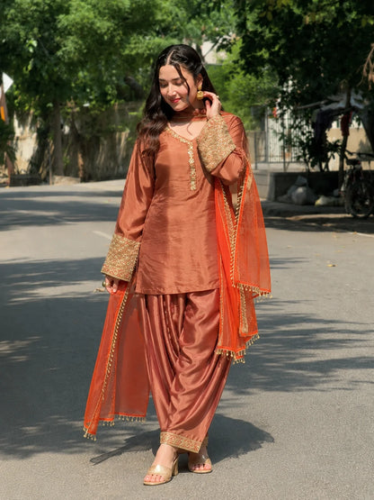 Copper Brown Festive Embroidered Kurta Set