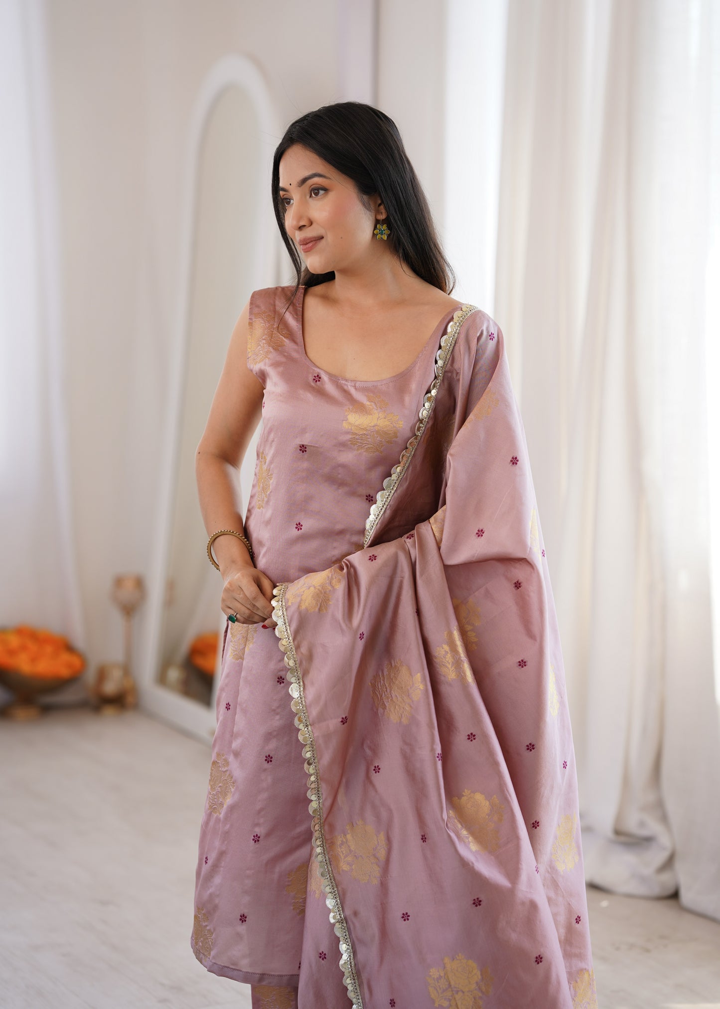 Peach Aura Chanderi Jacquard Suit Set