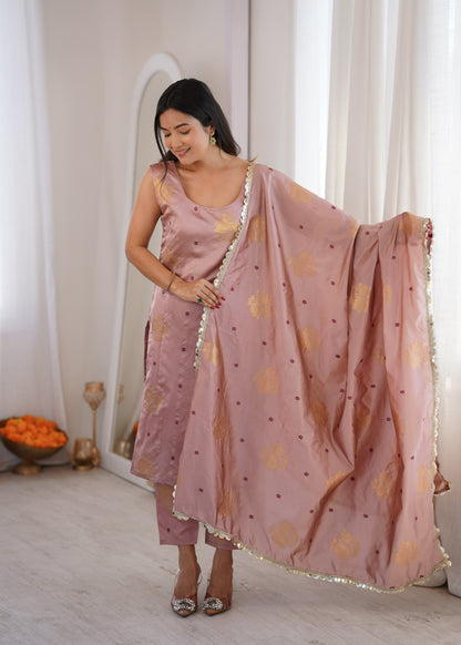 Peach Aura Chanderi Jacquard Suit Set