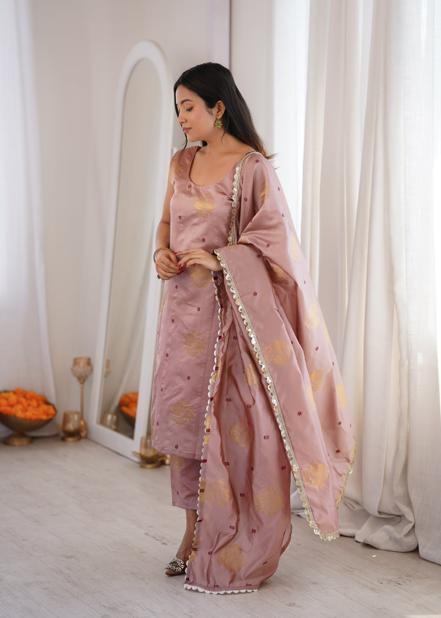 Peach Aura Chanderi Jacquard Suit Set
