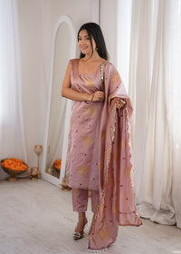 Peach Aura Chanderi Jacquard Suit Set