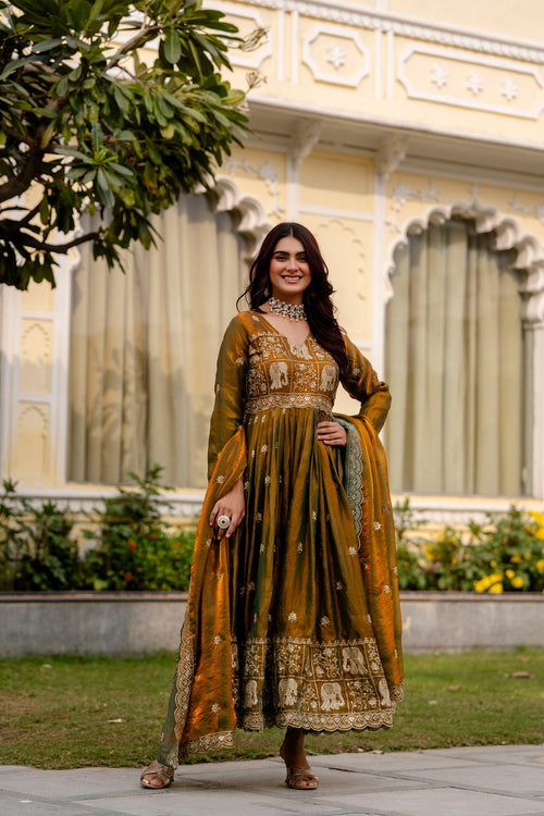 Olive Emerald Royale Anarkali Gown Set