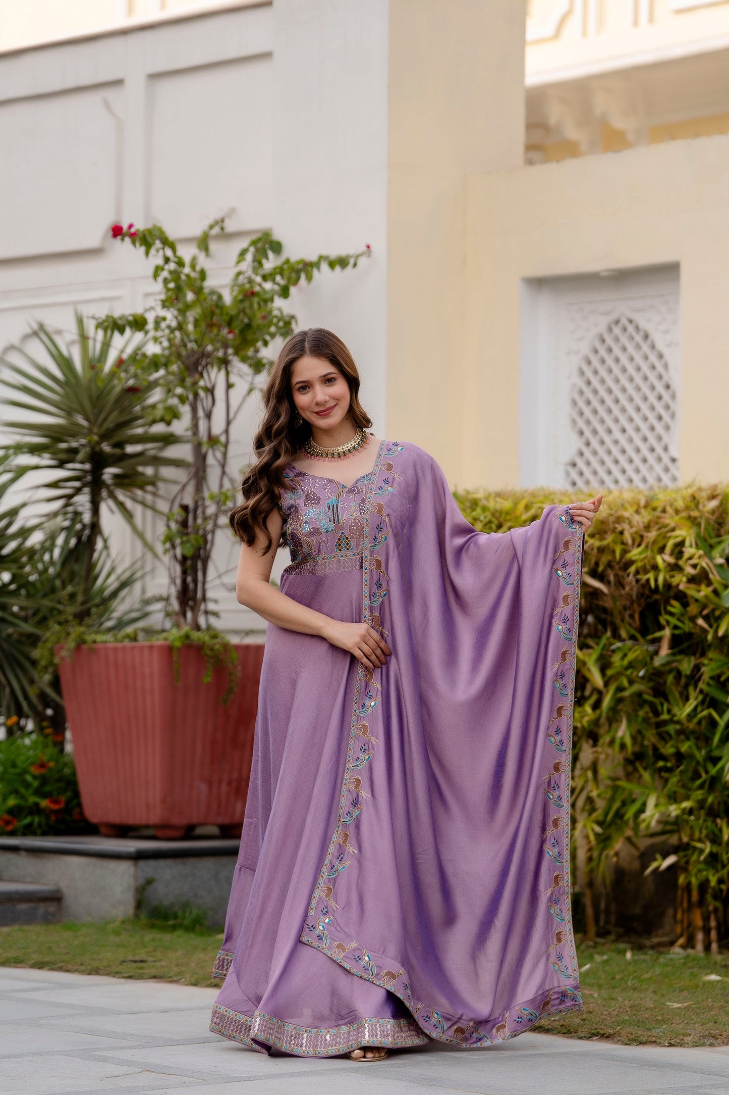 Lavender Mist Vichitra Silk Embroidered Anarkali Set