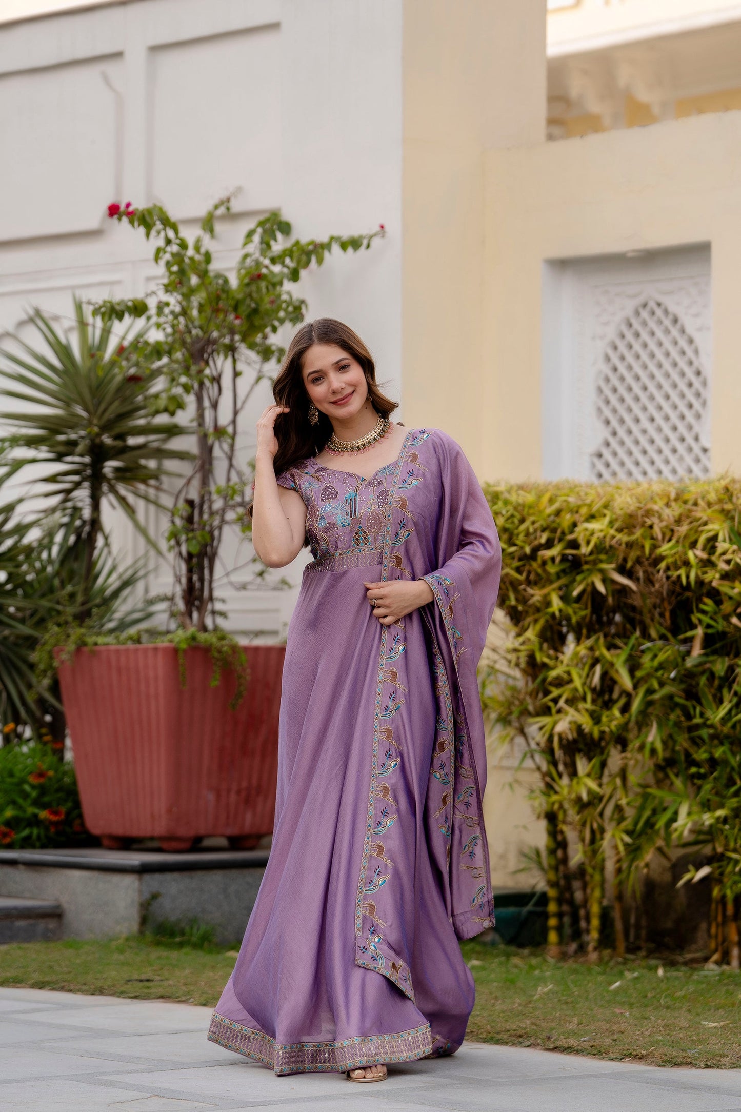 Lavender Mist Vichitra Silk Embroidered Anarkali Set