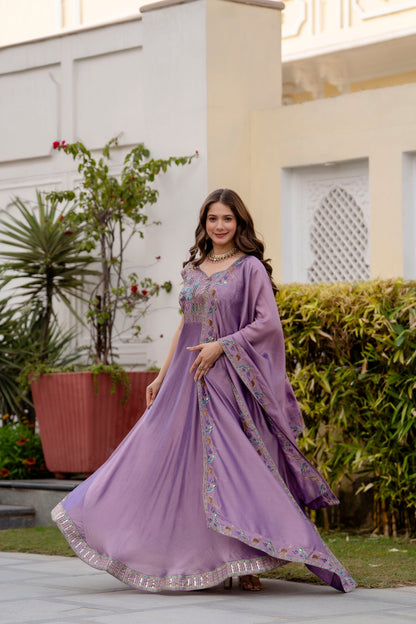 Lavender Mist Vichitra Silk Embroidered Anarkali Set