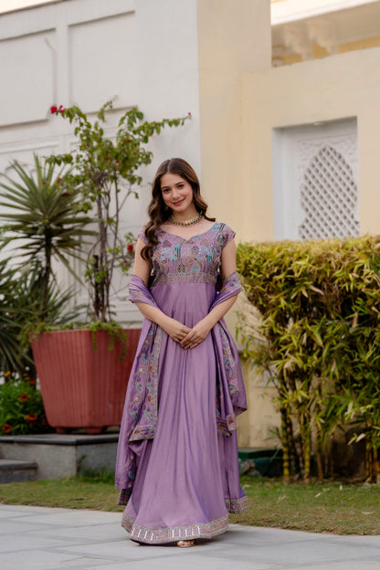 Lavender Mist Vichitra Silk Embroidered Anarkali Set