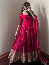Ruby Red Fandy Silk Embroidered Anarkali Suit Set