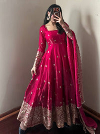 Ruby Red Fandy Silk Embroidered Anarkali Suit Set